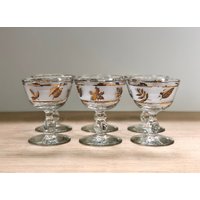 Mid Century Modern Libbey Golden Foliage Set Mit 6 Cocktail/Cordial Gläser Frosted & Blattgold Aperitif Stemware Vintage Barware von vintagepointstore