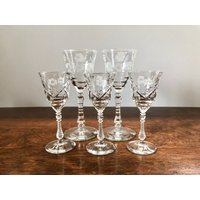 Set Von Fünf | 5 Vintage Cut Crystal Etched Floral Und Verzierten Stemware 2 | 3005-7 Weingläser & 3 | 2004-1 Cordial Gläser Rock Sharpe von vintagepointstore