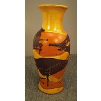 Moderne Keramik Royal Haeger 50Er Signiert Tall 10 Zoll Braun Orange Gelb von vintagevasso
