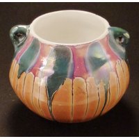 Vase Eames Ära Henkel Moderne Keramik Irrideszierende Tropfglasur Handdekoriert Ca 4 in Tall 5 Diam von vintagevasso