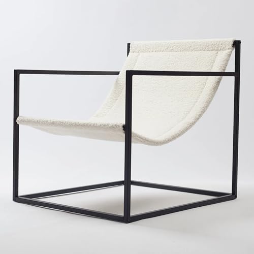 violet art home Moderner Luxus-Boucle-Akzentstuhl mit Metallrahmen – minimalistischer, gemütlicher Loungesessel – entspannender fauler Hängematten-Stil (weiß) von violet art home