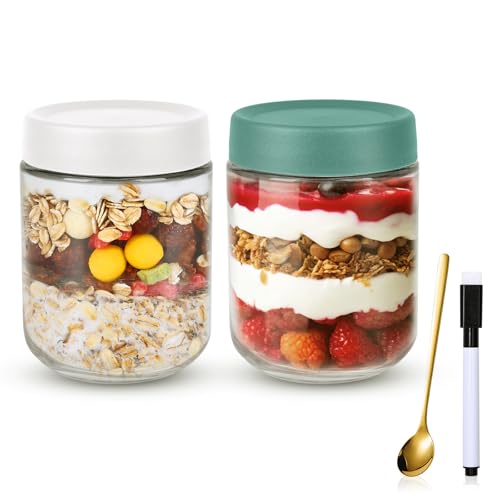 vione 2 Pack Overnight Oats Container mit Deckel und Löffel 16 oz Overnight Oats in Glas Mason Jars Leakproof Haferflocken Container Getreide Obst und Gemüse Milch Great for Meal Vorbereitung von vione