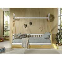 Tipi Kojen Bett mit Umrandung, Dachgestänge, Rolllattenrost, Bettschublade, Kiefer natur und weiß von vipack