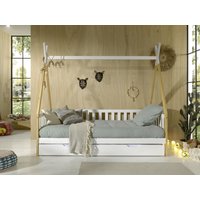 Tipi Kojen Bett mit Umrandung, Dachgestänge, Rolllattenrost und Bettschublade, Kiefer natur/weiß von vipack