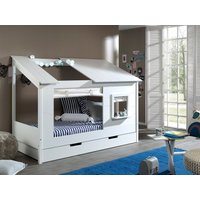 Baumhaus Bett90x200 cm , inkl. Vorhang Set und Bettschublade, offenes Dach Weiß lackiert von vipack