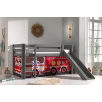 Halbhohes Bett PINO, mit Rutsche und Textilset "FIRE RESCUE", Ausf. Kiefer massiv grau lackiert von vipack