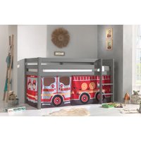 Halbhohes Bett PINO, mit Textilset "FIRE RESCUE", Ausf. Kiefer massiv grau lackiert von vipack