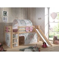 Spielbett Pino inkl. Rutsche mit Textilset Vorhang, Tunnel 3 Taschen "Birdy", Kiefer massiv natur von vipack