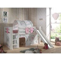 Spielbett Pino inkl. Rutsche mit Textilset Vorhang, Tunnel 3 Taschen "Birdy", Kiefer weiß lackiert von vipack