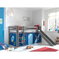 VIPACK - Spielbett Pino inkl. Rutsche mit Textilset Vorhang "Astro", Ausf. Kiefer massiv grau lackie von vipack