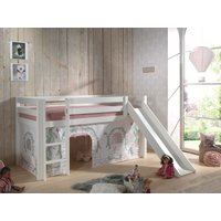Spielbett Pino inkl. Rutsche mit Textilset Vorhang "Birdy", Ausf. Kiefer massiv weiß lackiert von vipack