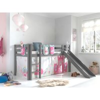 Spielbett Pino inkl. Rutsche mit Textilset Vorhang 3 Taschen "Princes", Kiefer massiv grau lackiert von vipack