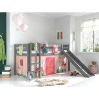 Spielbett Pino inkl. Rutsche mit Textilset Vorhang 3 Taschen "Spring", Kiefer massiv grau lackiert von vipack