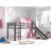 Spielbett Pino inkl. Rutsche mit Textilset Vorhang  Tunnel "Princes", Kiefer massiv grau lackiert von vipack