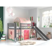 Spielbett Pino inkl. Rutsche mit Textilset Vorhang  Tunnel "Spring", Kiefer massiv grau lackiert von vipack