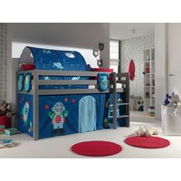 Spielbett Pino mit Textilset Vorhang, Tunnel und 3 Taschen "Astro", Ausf. Kiefer massiv grau lackiert von vipack