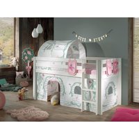 Spielbett Pino mit Textilset Vorhang, Tunnel 3 Taschen "Birdy", Kiefer massiv weiß lackiert von vipack