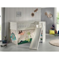 Spielbett SCOTT, 90x200 cm, mit Lattenrost, Rutsche, Leiter, Textilset "Dino", weiß lackiert von vipack