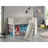 Spielbett SCOTT, 90x200 cm, mit Lattenrost, Rutsche, Leiter, Textilset "Pet Shop", weiß lackiert von vipack