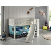 Spielbett SCOTT, 90x200 cm, mit Lattenrost, Rutsche, Leiter, Textilset "Police", weiß lackiert von vipack