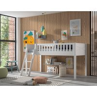 Spielbett SCOTT, LF 90 x 200 cm, mit Rolllattenrost und Leiter, Ausf. Kiefer massiv weiß lackiert von vipack