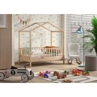 Vipack - Junior Hausbett mit seitlicher Umrandung 70x140cm, m. Rolllattenrost Kiefer massiv Natur von vipack