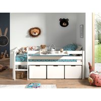 Spielbett 90x200 cm, mit Leiter, Regal, Rolllattenrost, 3 Schubkästen, Kiefer, MDF weiß lackiert Spielbett 90x200 cm, mit Leiter, Regal, Rolllattenrost, 3 Schubkästen, Kiefer, MDF weiß lackiert von vipack