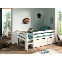 Spielbett 90x200 cm, mit Leiter, Rolllattenrost, 3 Schubkästen, Kiefer, MDF weiß lackiert von vipack