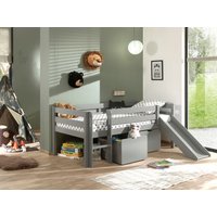 Spielbett 90x200 cm, mit Leiter, Rutsche, Rolllattenrost, 2 Schubkästen, Kiefer, MDF grau lackiert von vipack