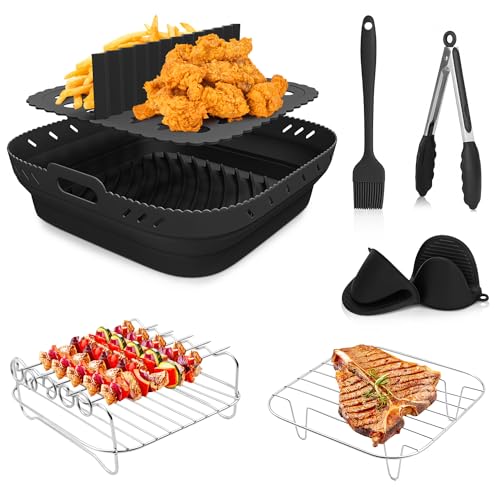 viriech Silikonform Heißluftfritteuse Zubehör, 8-teiliges Wiederverwendbar Air Fryer Accessories Airfryer Silikonform mit Spießchen Ölbürste Verbrühungsschutz-Clip für Air Fryer von viriech
