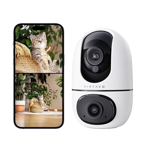 virtavo WLAN Überwachungskamera Innen 2MP, 24/7 WiFi, Dual Lens Kamera Überwachung Innen mit 360° PTZ, Auto Tracking Bewegungserkennung,Farbnachtsicht, 2-Wege-Audio für Baby Haustier Wohnung von virtavo