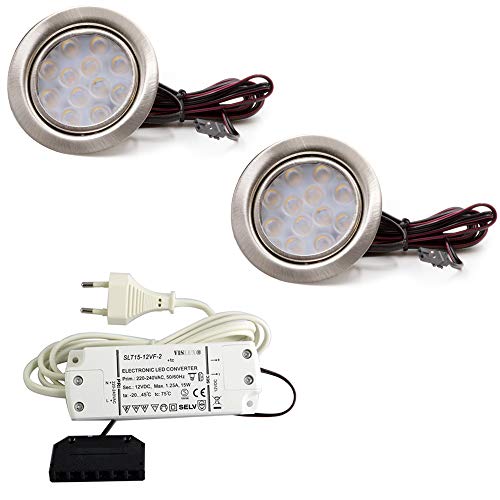 vislux 2er Set LED Möbelleuchte Einbaustrahler Edelstahl Gebürstet flach 3W warmweiß 3200K 200lm 12V + 15W LED Trafo 230V für das Wohnzimmer, Küche und Badd von vislux