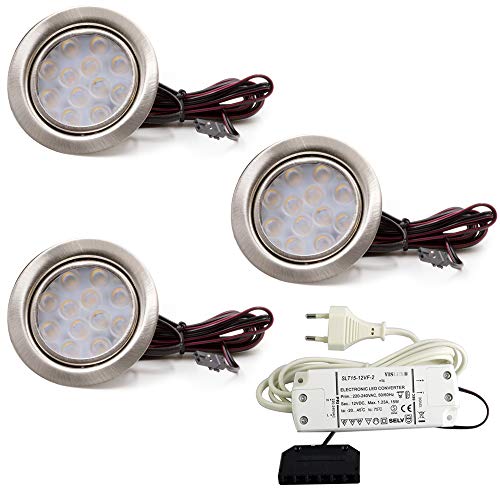 vislux 3er Set LED Möbelleuchte Einbaustrahler Edelstahl Gebürstet flach 3W warmweiß 3200K 200lm 12V + 15W LED Trafo 230V für das Wohnzimmer, Küche und Bad von vislux