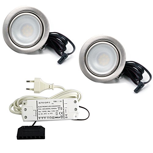 vislux 2er Set LED Einbaustrahler Möbelleuchte Möbeleinbaustrahler flach 2,7W LED 12V/ DC warmweiß 3000K / 200Lm Farbe Edelstahlgebürstet + 15Watt LED Trafo 230V vislux 2er Set LED Einbaustrahler Möbelleuchte Möbeleinbaustrahler flach 2,7W LED 12V/ DC warmweiß 3000K / 200Lm Farbe Edelstahlgebürstet + 15Watt LED Trafo 230V von vislux