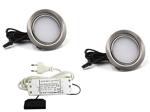 vislux LED Einbaustrahler 12V 3000K Warmweiß 3W, einbaustrahler LED flache 12V/230V 190LM Bohrloch 55-60mm und 16mm flach, Möbeleinbauleuchte Einbauspots mit 1,8m Kabel, Edelstahlgebürstet - (2er SET) von vislux