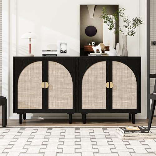vistavie 2er Set Rattan Buffet 2-türiger Schrank mit Stauraum, Sideboard Aufbewahrungsschrank mit 1 verstellbaren Innenablagen, Akzentholzschrank für Wohnzimmer, Eingang, Flur, Esszimmer (Schwarz) von vistavie