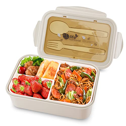 vitutech Brotdose Lunch Box, Bento Box Lunchbox Kinder mit 3 Fächern und Besteck, Vesperdose Geeignet für Mikrowellen und Spülmaschinen, Schule Arbeit Picknick Reisen, kein Fremdgeruch (Khaki) von vitutech