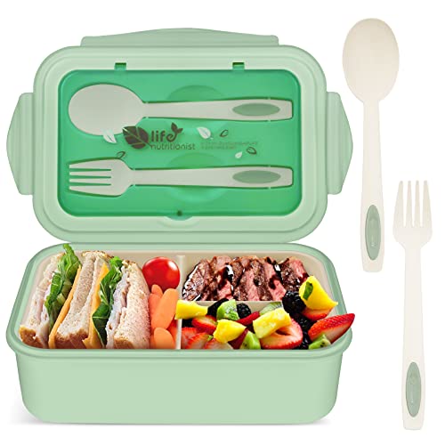 vitutech Brotdose Lunch Box Kinder, Bento Box Lunchbox mit 3 Fächern und Besteck, Vesperdose Geeignet für Mikrowellen und Spülmaschinen, Schule Arbeit Picknick Reisen, kein Fremdgeruch (Grün) von vitutech