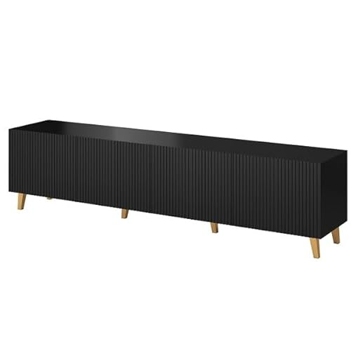 vivaladesign TV Schrank 200 x 40 cm Fernsehschrank Mit Gefräster Front Sideboard Für Fernseher 4-türig Wohnzimmer Möbel Schwarz Matt Malia von vivaladesign