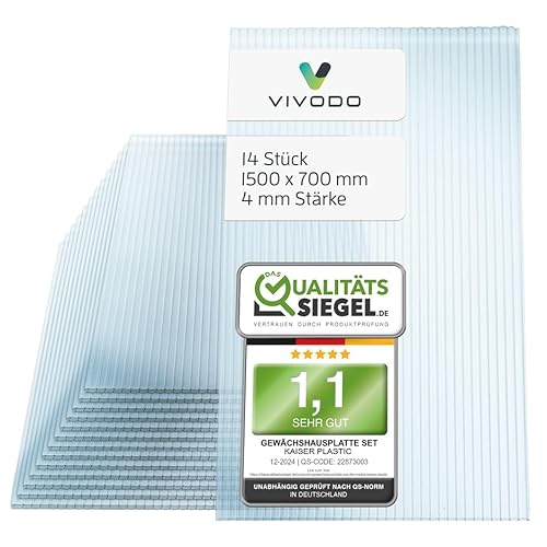 Vivodo Gewächshausplatten 14 Stk. | Hohlkammerplatten Doppelstegplatten 4mm | Platten für Gewächshaus | 700 x 1500 mm von vivodo