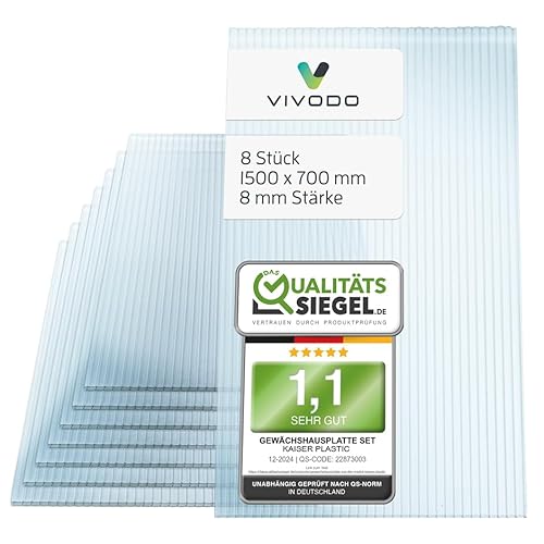 Vivodo Gewächshausplatten 8 Stk. | Hohlkammerplatten Doppelstegplatten 8mm | Platten für Gewächshaus | 700 x 1500 mm von vivodo