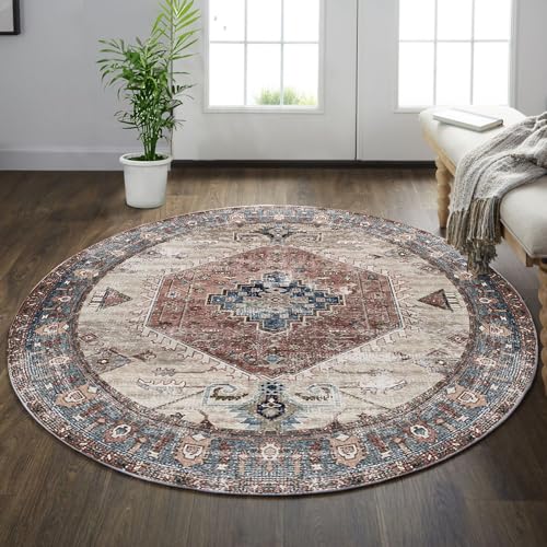 vivorug Runder Teppich, 1,8 m, Vintage-Teppich, rutschfest, für Wohnzimmer, Schlafzimmer, Eingangsbereich, schmutzabweisend, Heimdekoration, Kreisteppich, Braun vivorug Runder Teppich, 1,8 m, Vintage-Teppich, rutschfest, für Wohnzimmer, Schlafzimmer, Eingangsbereich, schmutzabweisend, Heimdekoration, Kreisteppich, Braun von vivorug