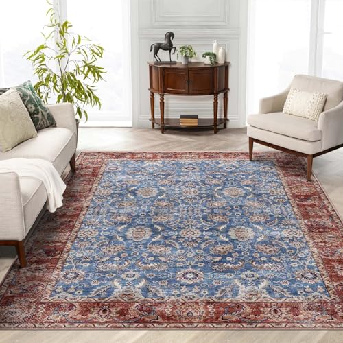 vivorug Teppich, 12,7 x 17,8 cm, schmutzabweisend, waschbar, für Wohnzimmer, Vintage-inspiriert (Blau/Rost-Blumenmuster, 1,5 x 2,7 m) von vivorug