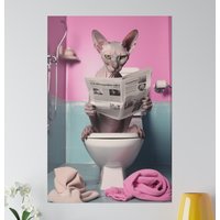 Sphynx Katze Entzückende Leinwand Toilette Lesen Zeitung Lustige Wall Art Décor - Katzenliebhaber Haus Wand Dekor, Entzückende Sphynx Katzentoilette von vk09design