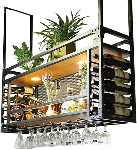 Wandmontierte Weinregale, industrieller Vintage-Metallbar-Weinglas-Hängeständer, Retro-umgedrehter Stielglas-Becher-Weinglashalter, schwimmendes Regal für Geschirrflaschen für Zuhause, Schwarz, 100 x von vkeid