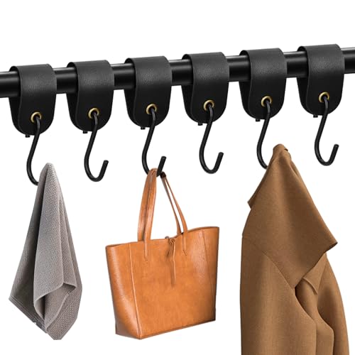 S Haken Schwarz mit Lederschlaufe 6 Stück Haken Garderobenhaken Kleiderhaken Metallhaken Edelstahl-S-Haken Leder-Schwarz Fleischerhaken Zum Einhängen für Küche Bad Schlafzimmer Garderobe und Camping von vnfsmy