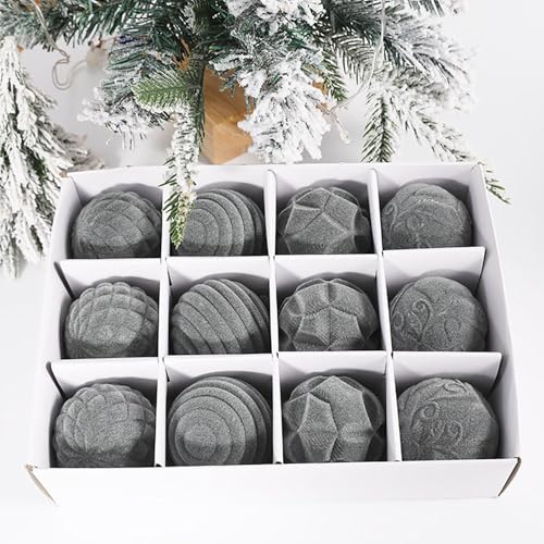 12 Stück Samt-Weihnachtskugeln 6CM, Beflockt Weihnachtsbaumkugeln Set Ornamente, Plastik Weihnachtskugeln Rot Grün Schwarz, Luxuriöses Design, Weihnachtsbaumschmuck (Grau) von vokkrv