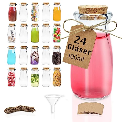 volila Glas mit Korkdeckel - (24 Stk. à Glasflaschen 100ml) Leere Flaschen Ideal als Party-Geschenk Oder Gastgeschenke für Hochzeiten - Glasflaschen mit Korken Trichter & Etiketten mit Bindfaden von volila