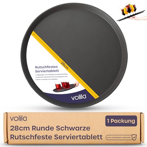 volila Schwarzes Rundtablett - 28cm (1er Pack) Gummiertes rutschfestes Serviertablett für Speisen und Getränke - Spülmaschinenfestes rundes Serviertablett für Partys, Zuhause, Bars & Restaurants von volila