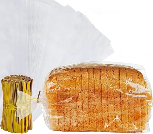 volila Brot Plastiktüten - Packung mit 150 Brottüten für Brotlaib, Brötchenbacken, Baguette-Brotbeutel, um Brot frisch zu halten - Brottüte mit goldenen Drahtbindern (45cm x 20cm x 10cm) von volila